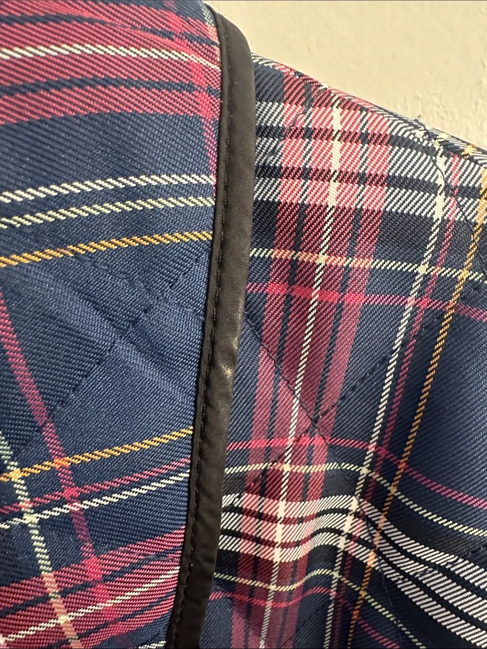 Coach Plaid Quilted Snap Front Jacket in Navy and Pink SZ M